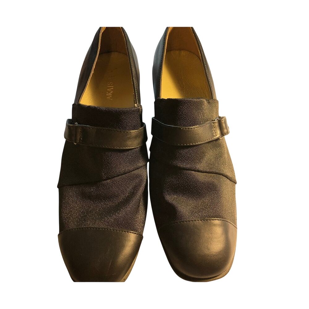 Akaishi Black Leather Fabric Comfort Loafers Stretch Arch Support Shoes Size 8